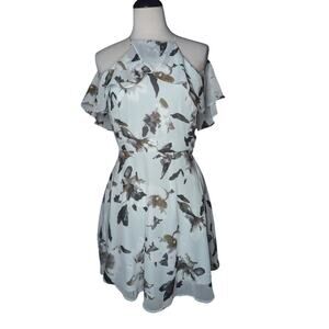 One Heart Clothing Women's M Mini Dress Blue Floral Off Shoulder Flutter Sleeves
